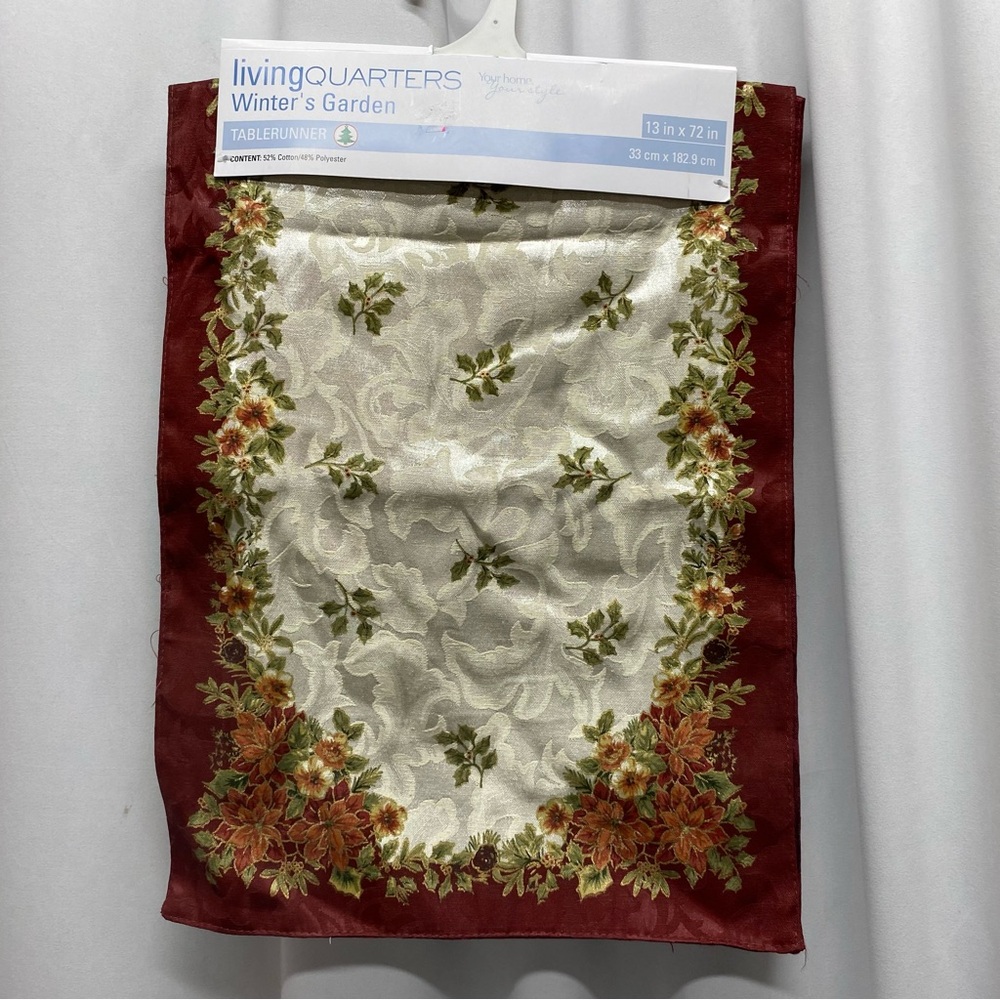 Christmas Winter's Garden table runner poinsettia holly damask 13 X 72" nwt